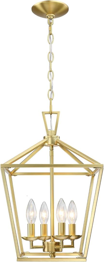 Untrammelife Gold Lantern Chandelier 4-Light Pendant Light Modern Hanging Pendant Light Fixtures in Brushed Brass Finish, Adjustable Metal Chain Geometric Chandelier for Kitchen Island Stair Foyer