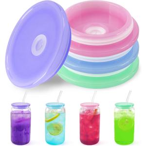  4 Pack Acrylic Lids for 16 oz /20 oz Glass Cups with Bamboo Lids and Straws Reusable Iced Coffee Cup Beer Can Drinking Glasses for Smoothie Whiskey Boba Soda Tea Gift (Candy Color)