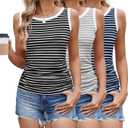 Womens Round Neck Stripe Ribbed Knit Tank Tops Ruched Side Summer Casual Slim Fit Sleeveless Tops, Size L
