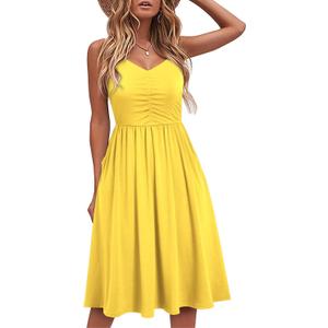 YATHON Casual Dresses for Women Sleeveless Cotton Summer Beach Dress A Line Spaghetti Strap Sundresses with Pockets (Yt090-yellow)(Small)