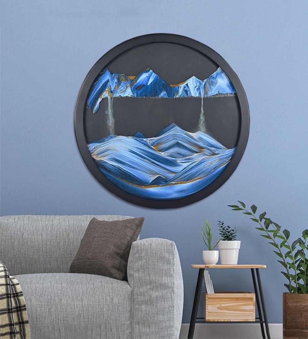 Oneshow 17.3 in Moving Sand Art Picture Wall Hanging, 3D Sand Art Liquid Motion 360 Rotating,for Meditation, Home Office Decoration Relax Mood Glass Craft Birthday Gifts for Adults, Blue-17.3 in