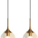 KCO Lighting Mid Century Modern Kitchen Island Pendant Lighting Gold 1-Light Amber Glass Globe Pendant Light Brushed Brass Large Living Room Pendant Light Fixture (2 Pack)