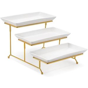 MALACASA 3 Tier Serving Trays for Party, 12 Inch Porcelain White Trays for Serving Food, Dessert Stand with Collapsible Gold Metal Rack