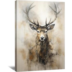 LYUNSHUO Deer Canvas Wall Art Vintage Elk Watercolor Pictures Wall Decor Rustic Farmhouse Wild Animal Painting Framed Artwork for Office Home Decor,Stretched and Framed Ready to, 24"L x 16"W