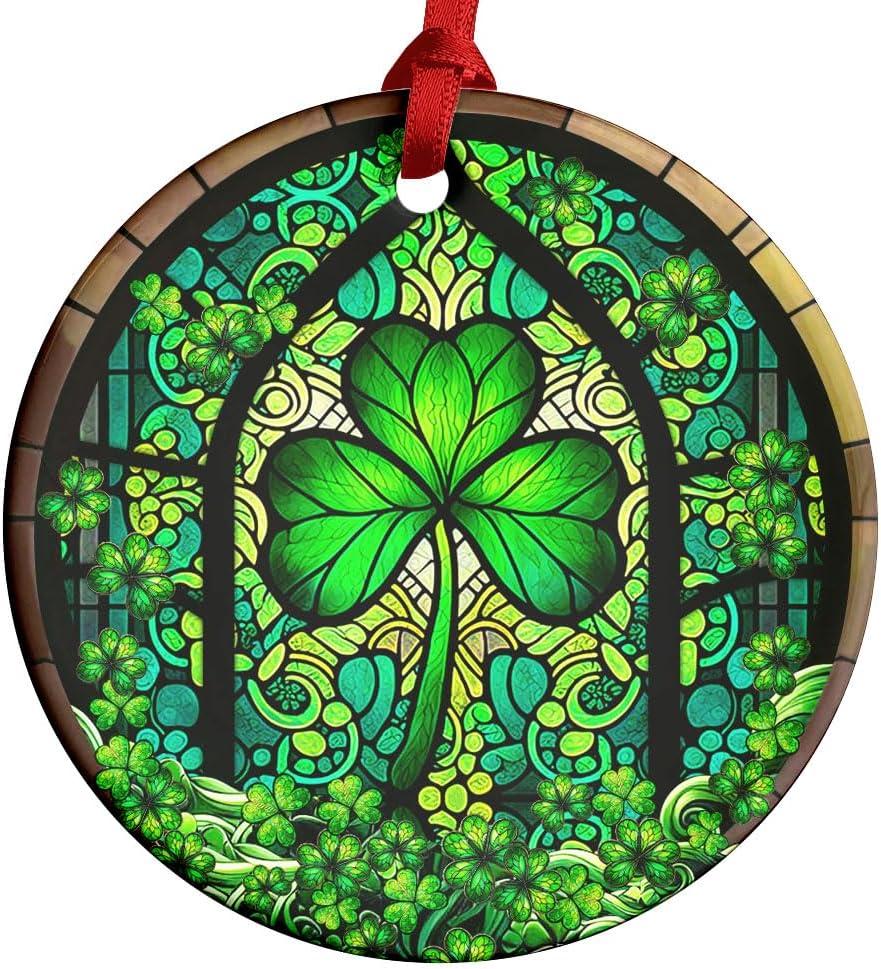 Irish St. Patrick's Day Ceramic Ornament with Faux Stained Glass Effect, Lucky Leprechaun Keepsake, Hanging Irish Blessing Gift for Family & Friends