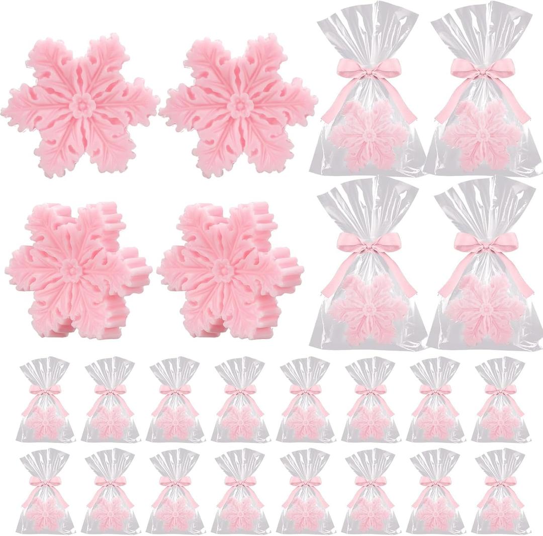 Demissle 20 Pcs Christmas Soap Bar Gift Set Snowflakes Handmade Soap Bulk with Scented Christmas Favors for Guests Holiday Stocking Stuffers for Xmas Bathroom Wedding Birthdays(Pink)