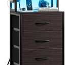 REAHOME 41 Inch Tall Nightstand with Charging Station, LED Night Stand with 6 Fabric Drawers, Bed Side Table with 3-Tier Wood Storage Shelves for Bedroom, Office, Small Spaces, Leather Brown