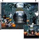 7X5FT Halloween Backdrop Night Scary Castle Pumpkin Moon Bat Graveyard Happy Halloween Party Banner Photography Backdrop Photo Background DH-205