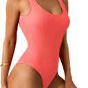 Limeeke Women One Piece Swimsuit Solid Ribbed Monokini Swimwear Scoop Neck Low Back Bathing Suit (S)