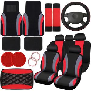 Fabbay 21 Pcs Car Seat Covers Full Set Car Floor Mats Steering Wheel Cover Armrest Seat Belt Pad Seatbelt Cup Mats Emblem Ring Sticker for Sedans Trucks SUV(Black, Red)