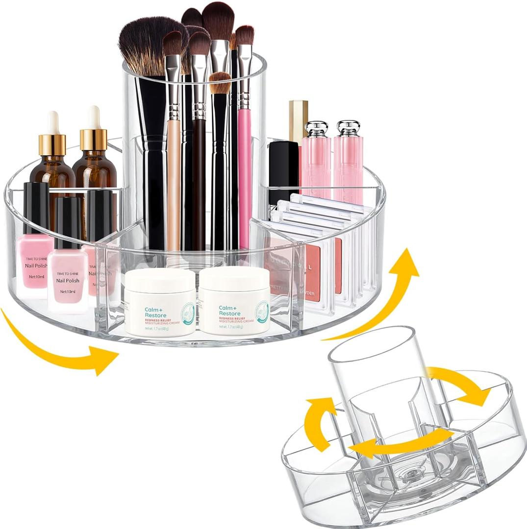 360-Degree Rotating Makeup Organizer, 6 Compartments, Clear Cosmetic Display Case with Lazy Susan Turntable