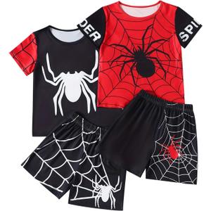 Jolyshlid Boys Shorts Set 4 Pieces Athletic Outfits Short Sleeve Tee Shirt and Summer Shorts Set Black Red 4-5Y