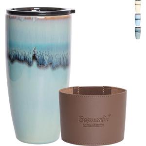 Bosmarlin Ceramic Travel Coffee Cup with Lid, 21 oz, Portable Coffee Mug for Car Cup Holder, Microwave Safe, Reactive Glaze (Forest Green)