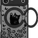Heaofei Cute Case for iPhone 17 Pro Max Case with Stand [ Compatible with MagSafe ] Kawaii Black Cat & Floral & Butterflies Pattern Design 360 Magnetic Ring Kickstand Phone Cover for Women Girls Boys
