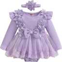 Baby Girl Tulle Birthday Party Princess Dress Long Sleeve Lace Flower Tutu Romper Dress Newborn Fall Clothes (12-18 Months, Purple)