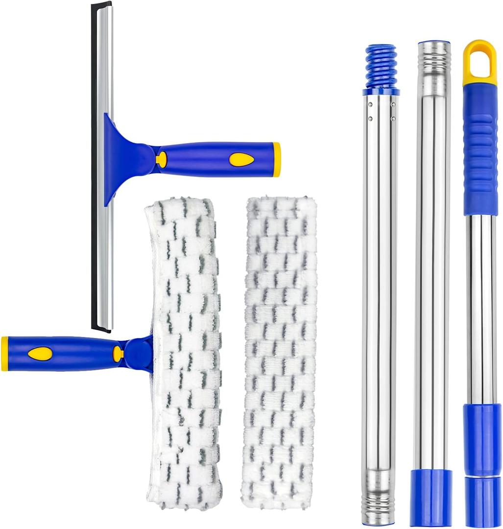 ITTAR Window Squeegee Cleaner Kit, Rotatable Rubber Squeegee and Microfiber Scrubber-2 Pads, Washing kit with 60" Telescopic Stainlees Steel Pole, Window Cleaning Tool for Home Shower Car Windshield (1 Set of Pole)