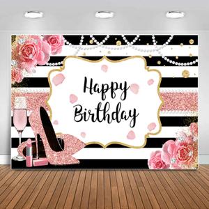Sensfun 7x5ft Pink Floral Happy Birthday Backdrop Banner for Women,Glitter Rose Gold High Heel Photography Background Girls Sweet Pink Black Stripes Birthday Party Decorations Photo Booth Back Drops