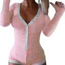 Roselux Women's Sexy Deep V Neck Shorts Long Sleeve Knitted One Piece Bodysuit Sexy Pajama Onesie Bodycon Rompers Overall, Large