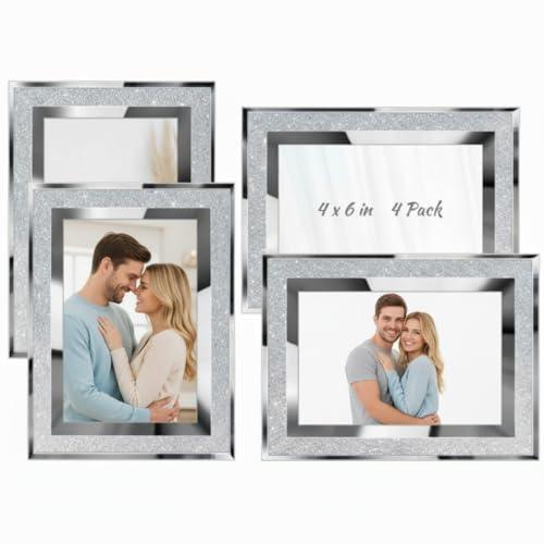 Queekay 4 Pack Glitter Picture Frame Silver 4 x 6 Inch Crystal Bling Mirror Picture Frame Wall Decor for Valentines Graduation Wedding Home Table