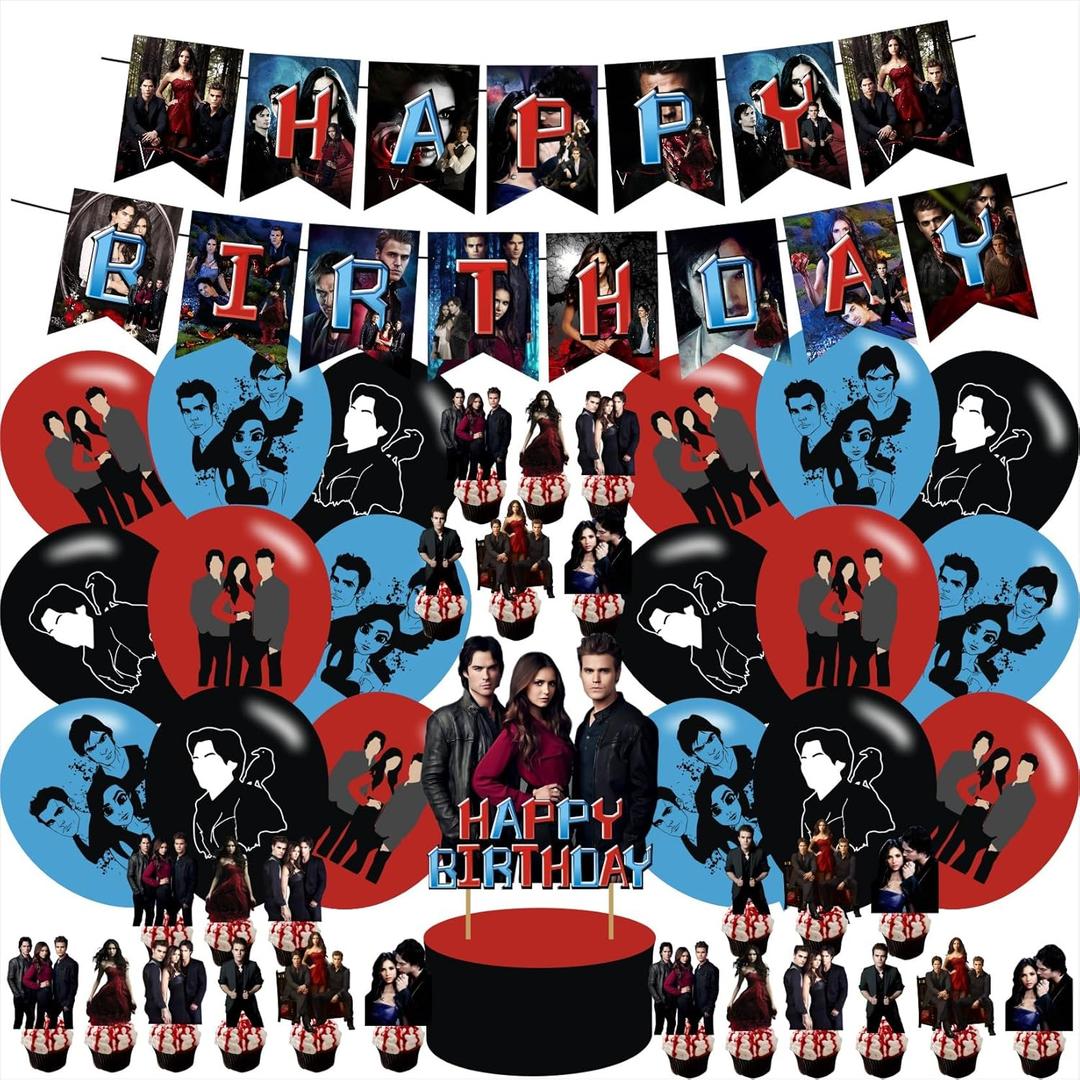 The Vampire Diaries birthday party supplies, The Vampire Diaries including cake topper, cupcake toppers, Banner, Latex Balloons, It is very suitable for boy's and girl birthday party supplies.