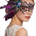 BEARAE Masquerade Mask for Women, Feather Lace Mardi Gras Mask, Peacock Venetian Costume Masks for Womens Masquerade Party (Purple)