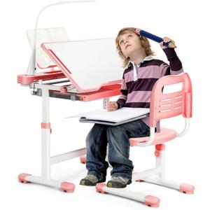Rengue Kids Desk and Chair Set, Height Adjustable Children School Functional Study Desk with 55 Tiltable Desktop, 3 Modes & Brightness LED Light, Storage Drawer & Metal Hook for Boys Girls (Pink)