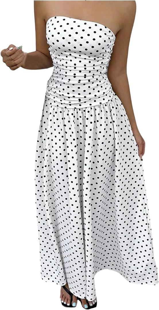 Milumia Women's Polka Dots Strapless Ruched Maxi Dress Ruffle A Line Summer Dresses Sundress (White, L)