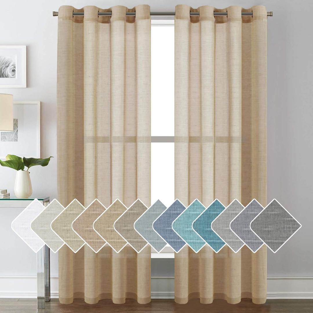 H.VERSAILTEX Linen Curtains Flax Linen Blended Curtain Panels for Living Room/Bedroom Semi Sheer Privacy Curtains 84 inch Length 2 Panels Set Nickel Grommet Window Drapes-Taffy