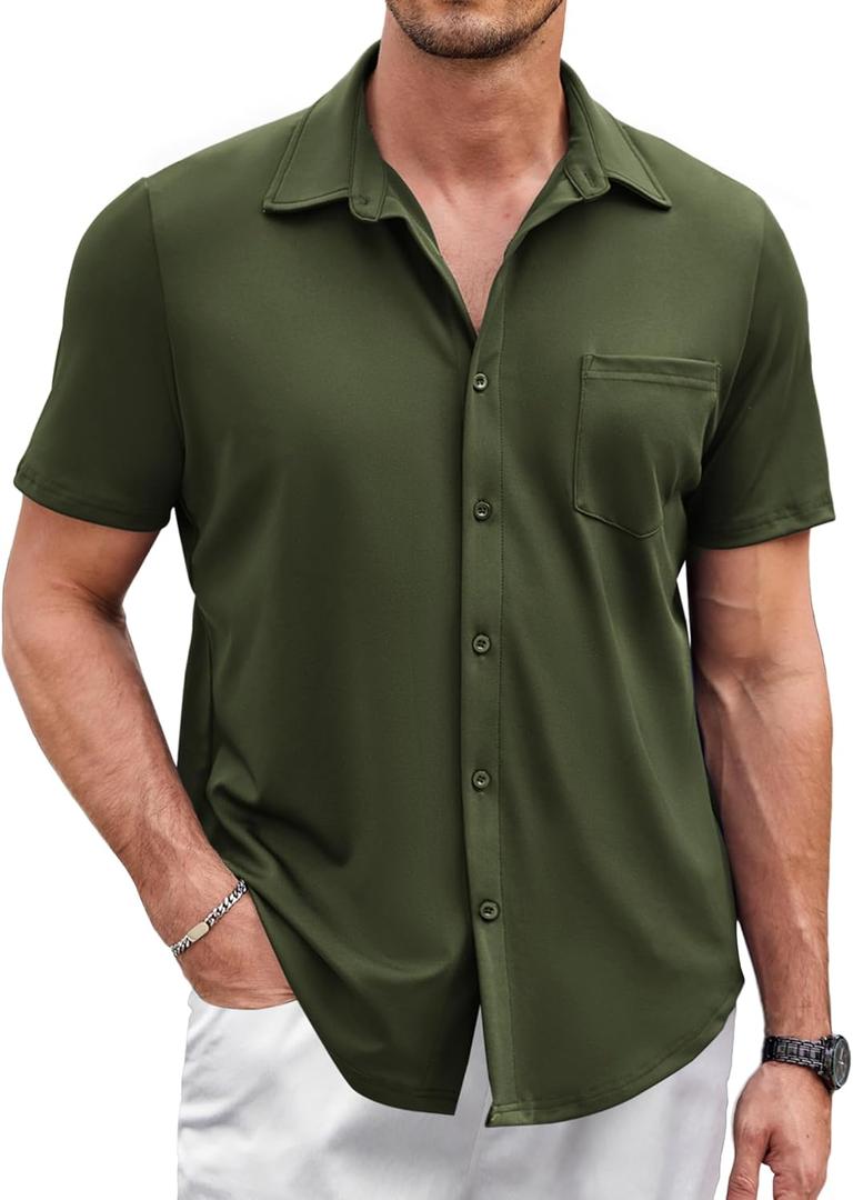 COOFANDY Men's Summer Shirts Beach Vacation Wedding Button Down Knitted Shirts Army Green (Green, M)