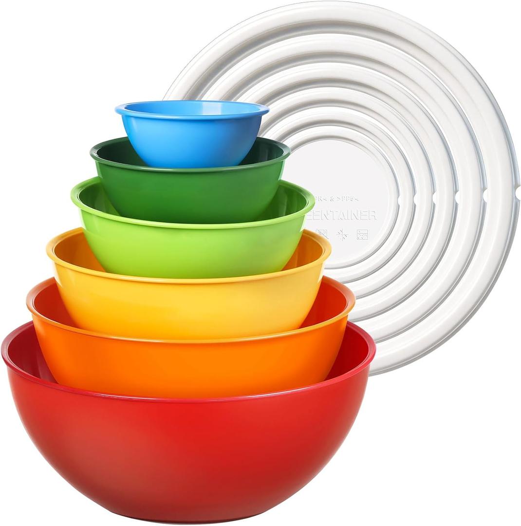 Greentainer Plastic Mixing Bowls with Lids Set for Kitchen, 6 Set Nesting Bowls for Mixing, Baking, Prepping, Cooking and Serving Food, Mixing Bowls Dishwasher, Microwave Safe, Large