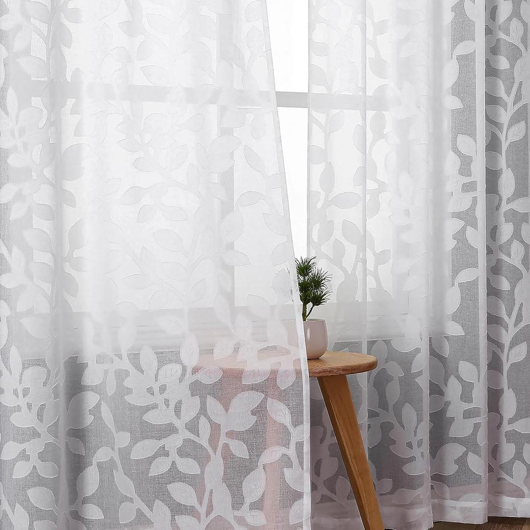 OVZME White Sheer Curtains 63 inches Long 2 Panels for Living Room, Jacquard Clip Leaf Pattern Textured Light Filtering Window Semi Sheer Voile Drapes for Bedroom, Each Panel 42 x 63 Inch