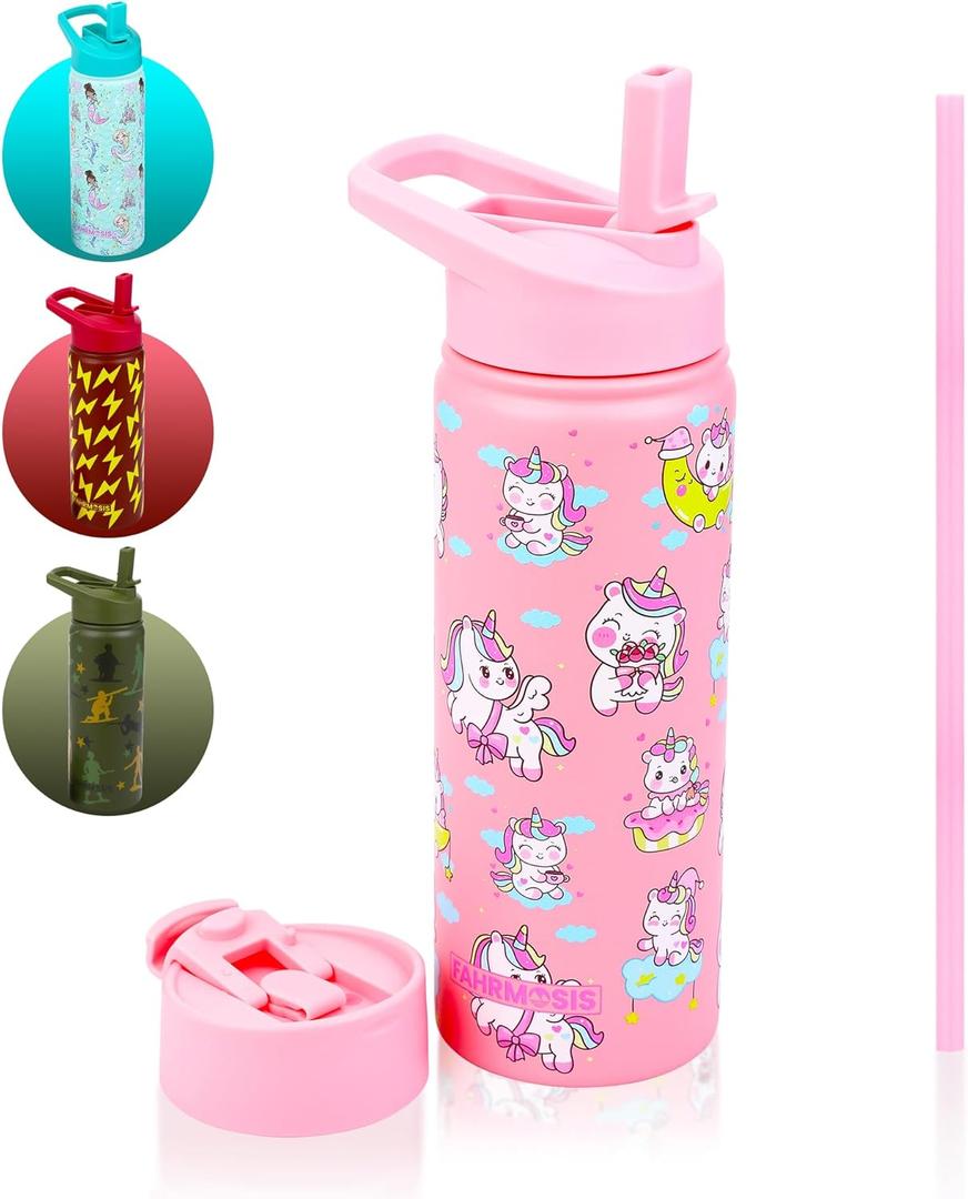 FAHRMOSIS 18 OZ Kids Water Bottle with Straw & 2 Lids (Flip & Spout) Leak Proof Metal Insulated Stainless Steel Reusable Tumbler for School & Sports Water Bottle - Pink (Unicorn)