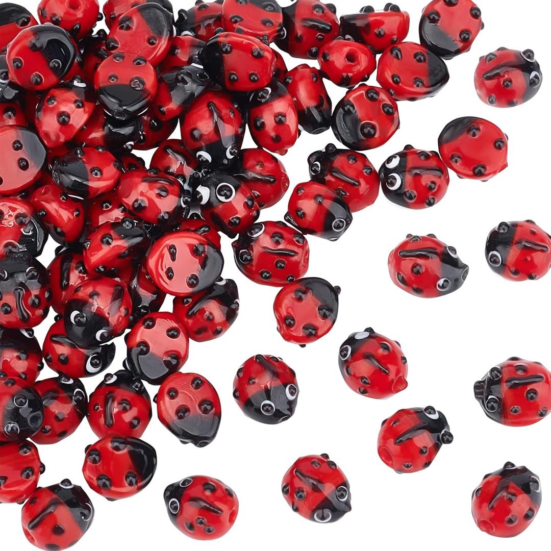 OLYCRAFT 80PCS Handmade Red Ladybug Lampwork Beads for Jewelry Making