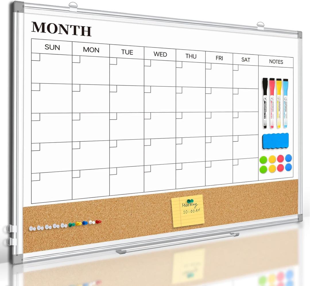 Dry Erase Calendar Whiteboard, 30"x20", Monthly White Board with Cork Board | Magnetic, Wall Mounted, Double Sided, Aluminum Frame, for Home, Office, Kitchen, Dorm, 4 Markers, 6 Magnets, 10 Push Pins