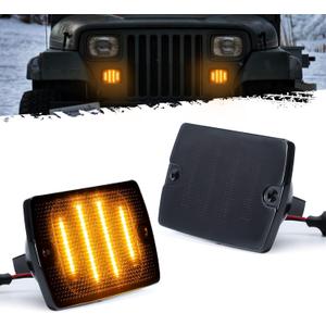 Partsam 2Pcs Front Turn Signal Lights Lamps Assembly Amber 24LED Signal Light w/White DRL Compatible with Wrangler YJ 1987-1993 with 3157 Plug and 1157 Plug, Smoke Lens
