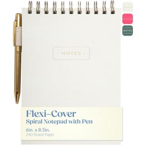 Eccolo Lined Top Spiral Notebook, Flexi-Cover Steno Pad with Pen Included (240 Perforated Pages), "Notes" A5 Notepad Ideal for Note Taking in School, College or Work (Cream, 6x8.5 Inches)