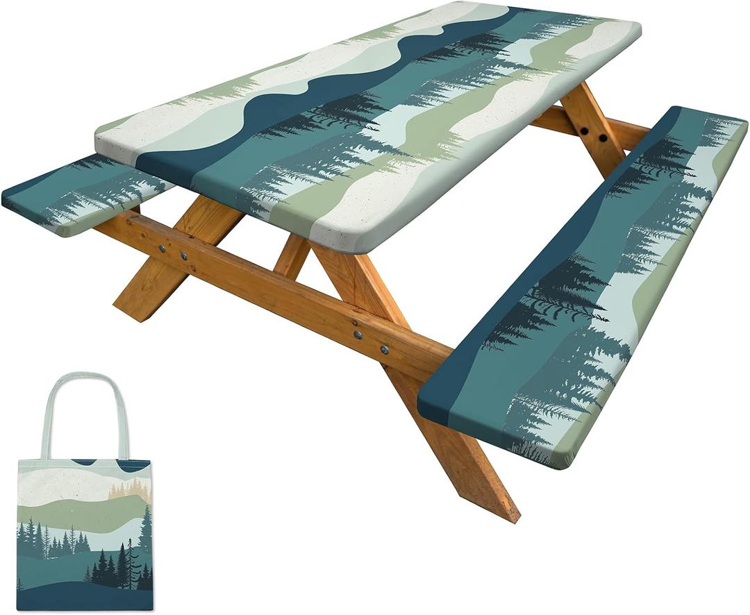 Picnic Table Cover with Bench Covers Camping Tablecloth with Storage Bag Windproof Waterproof Picnic Table Covers with Elastic for Camping (72x30in, Color May Vary)