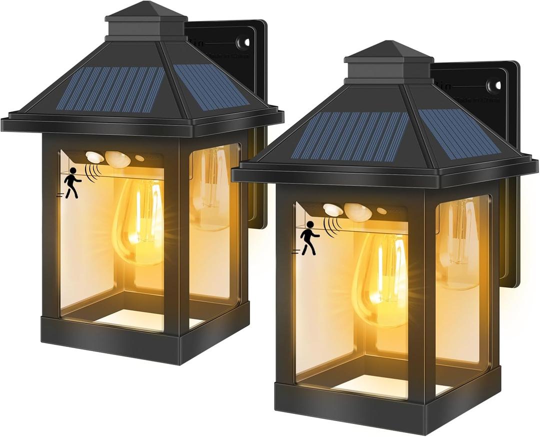 Solar Lanterns Wall Lights Outdoor, Solar Motion Lights IP65 Waterproof Dusk to Dawn Lighting with 3 Modes, LED Lamp Wall Sconces Fixtures for Front Porch, Patio, Garage, Barn, Villa