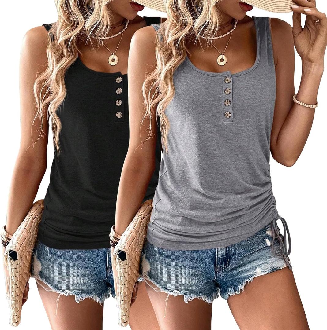 Womens Tank Tops, 2 Pack Summer Tank Tops for Women 2025, Sleeveless U Neck Loose Button Casual Henley Tops Shirts (XX-Large, Black&grey)