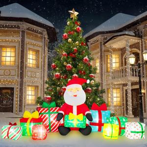 10 Ft Long Christmas Inflatable Santa Claus Giant Gift Boxes with LED Lights Santa Claus Gift Inflatable Decoration Built in Automatic Blowers for Xmas Outdoor Indoor Yard Garden