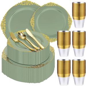 Umigy 300 Pcs Sage Green Plastic Plates Heavy Green and Gold Disposable Dinnerware, Include 50 10. 2" Dinner Plates, 50 7. 5" Dessert Dinnerware and 150 Gold Silverware for Weddings Party