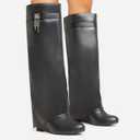 Kluolandi Women's Fold Over Knee High Boots with Metal Padlock Covered Wedge Heel Wide Calf Pull On Boots