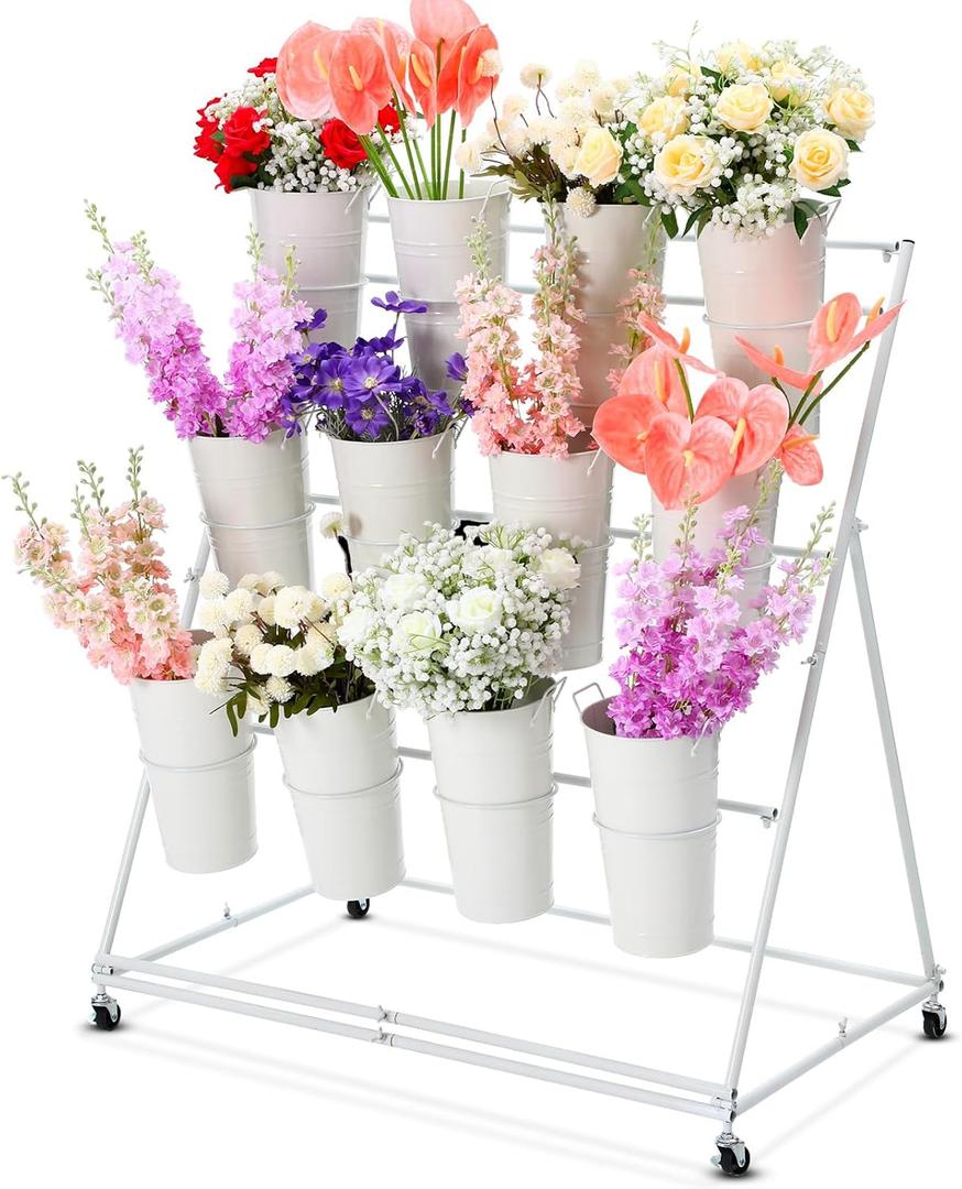Flower Display Stand with Buckets 3 Layers, White, 1 Set
