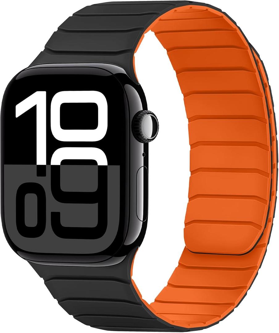 Tasikar Magnetic Bands Compatible with Apple Watch 42mm(Series 11/Series 10) 41mm 40mm 38mm Soft Silicone Replacement Loop Wristband for iWatch SE Series 11 10 9 8 7 6 5 4 3, Black-Orange