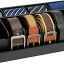 Ikkle Wooden Belt Organizer Box, 10 Compartment Belt & Tie Storage, Closet & Drawer Display Case, Large Holder (Black)