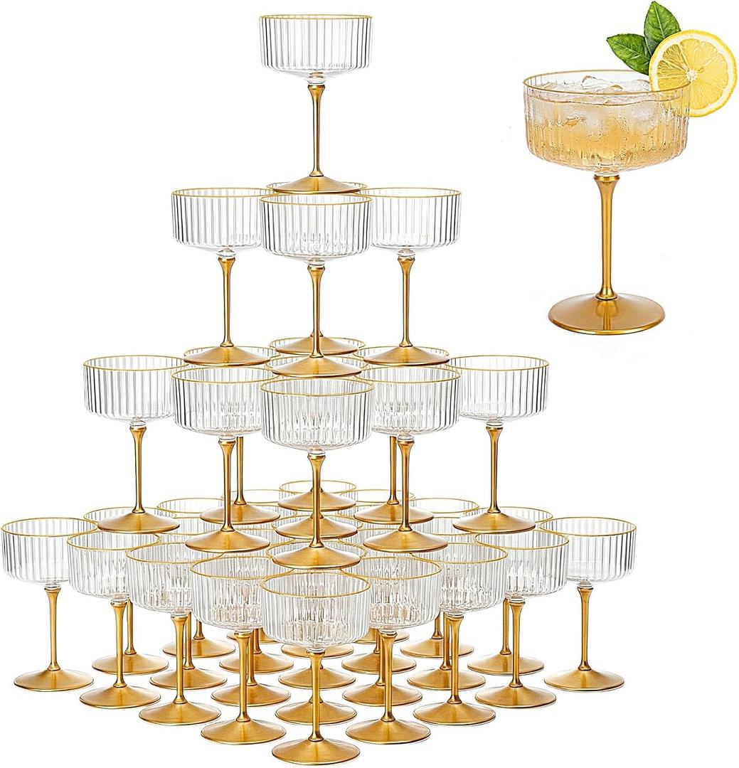 36PCS Plastic Ribbed Martini Glasses, 10oz Disposable Champagne Coupe Glasses with Golden Rim and Stem, Detachable Creative Transparent Striped Vintage Cups Reusable for Wedding Party Supplies