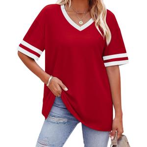 WIHOLL Womens T Shirts Loose Fit Short Sleeve Tees V Neck Color Block Summer Tops 2026 Fashion 4XL
