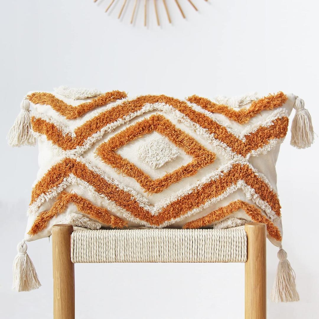 JOJUSIS Boho Lumbar Throw Pillow Covers with Handmade Tassels Decorative Woven Tufted Orange Pillowcase for Couch Bedroom 12 x 20 Inch Orange B