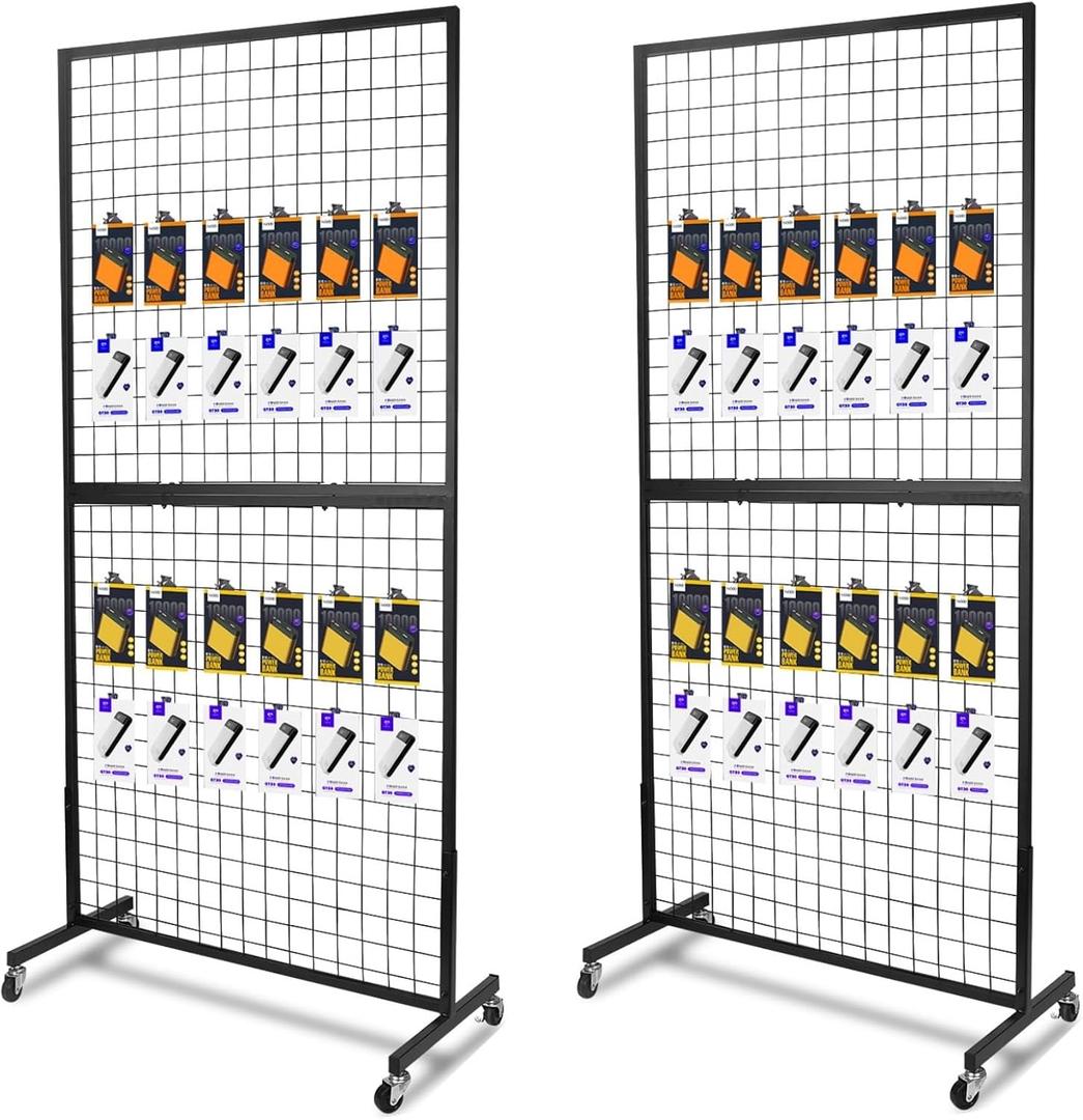 NectaCol Grid Wall Panels, 2 Packs 3'x 6' Grid wall Panels Stand with T-Base, Black Wire Gridwall Display Rack, Craft Show Display Rack, Art Gridwall Display Stand