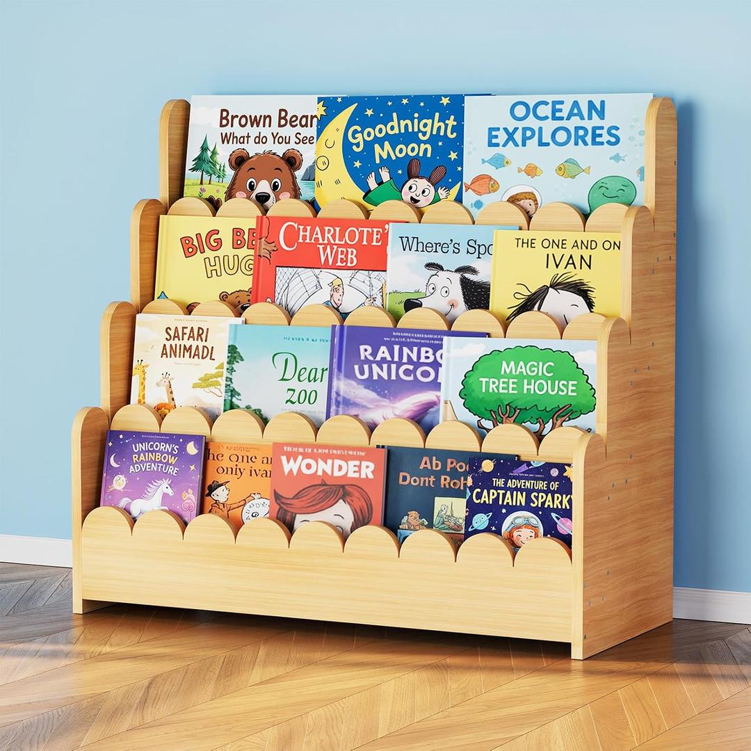 SpaceAid 4-Tier Scalloped Bookshelf, Montessori Bookcase for Toddlers, Wooden Book Shelf Organizer Display Furniture for Kids Rooms, Playroom, Nursery and Classroom, 29.6 Wide, Natural